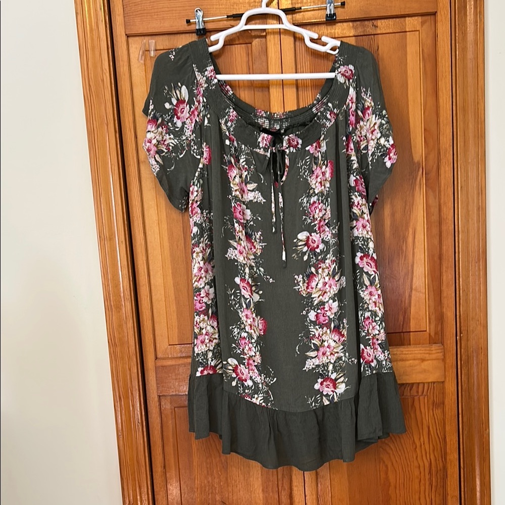 Rue Green Pink Floral Mini Dress Plus 3X GUC • Tie‑Front Short Sleeve Summer